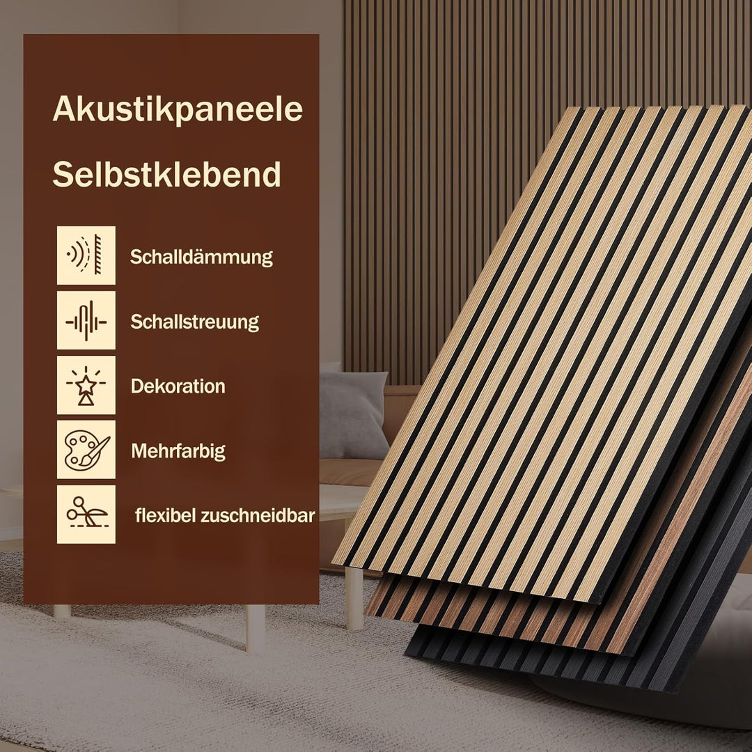 Akustikpaneele Selbstklebend 2er Set 100x52cm, Schalldämmung Echoreduzierung Wandpaneele aus Holzf