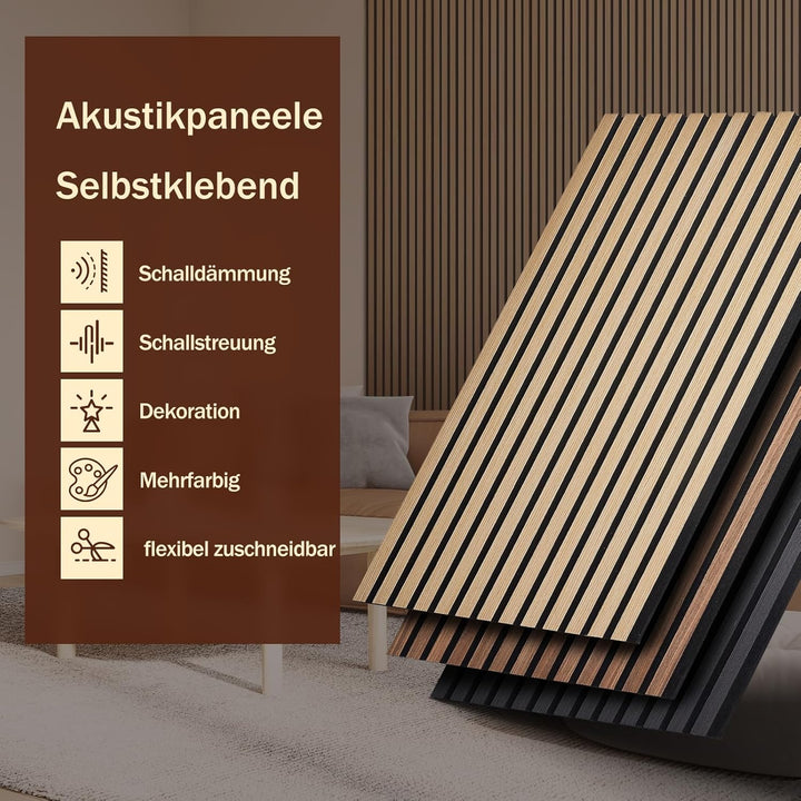 Akustikpaneele Selbstklebend 2er Set 100x52cm, Schalldämmung Echoreduzierung Wandpaneele aus Holzf