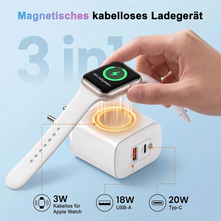 Ladegerät für Apple Watch, 3-in-1 20W USB C iPhone Ladegerät PD Schnellladegerät, USB C Netzteil mit