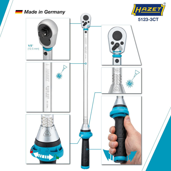 HAZET Drehmomentschlüssel 1/2 Zoll 5123-3CT, 60 – 320 Nm, Abtrieb: Vierkant 12,5 mm, Toleranz: 3 %,