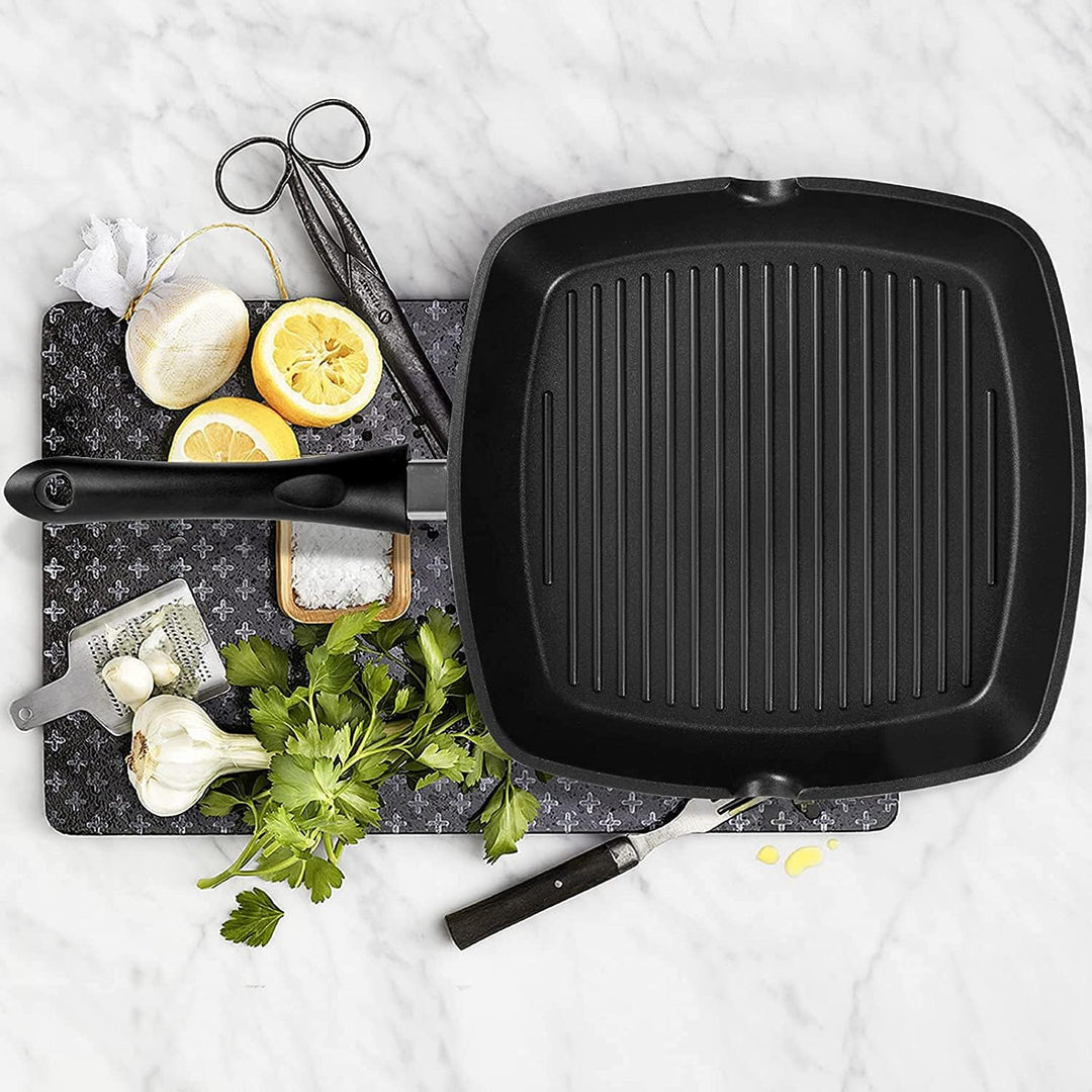 Grillpfanne 28×28 cm, Steakpfanne Induktion aus Aluminiumguss, induktionsgeeignet Pfanne, PFOA-freie