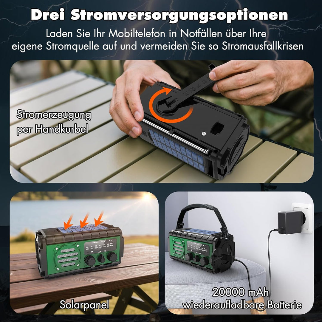 MILFECH Solar Radio, AM/FM Kurbelradio Tragbar Notfallradio (Grün, 20000mAh) 20000mAh Grün, 20000mAh