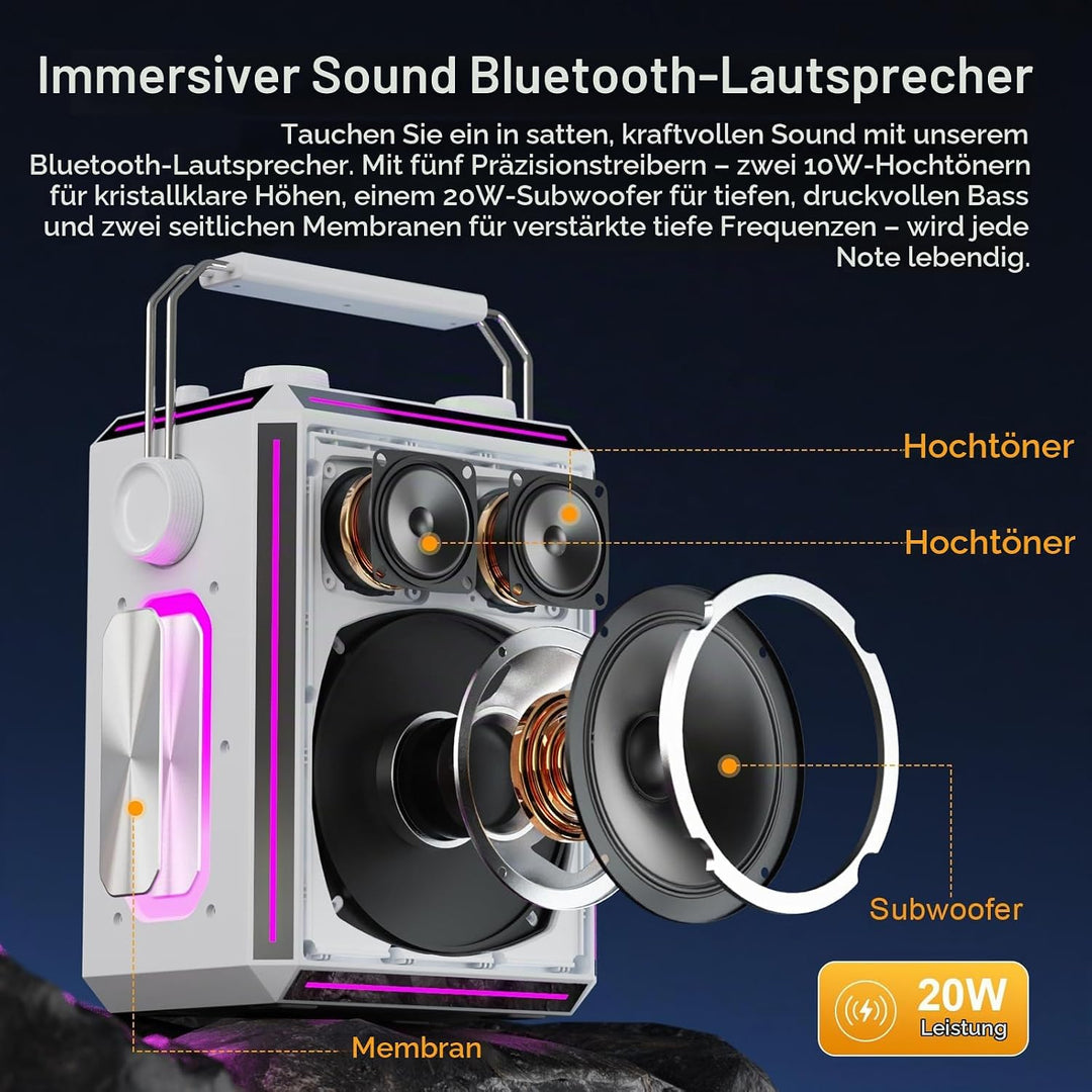 Tragbarer Bluetooth-Karaoke-Lautsprecher mit 2 kabellosen Mikrofonen, RGB-Beleuchtung, Höhen- und Ba