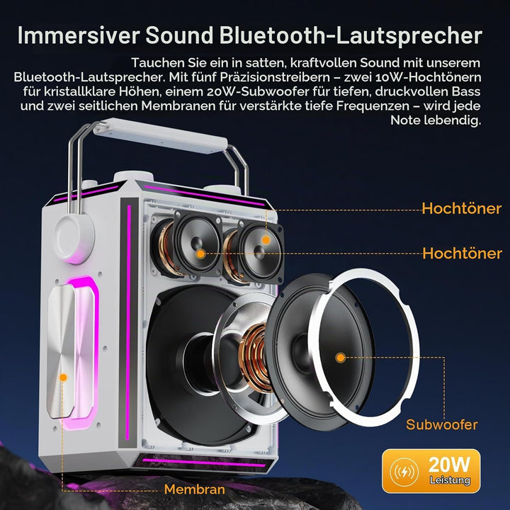 Tragbarer Bluetooth-Karaoke-Lautsprecher mit 2 kabellosen Mikrofonen, RGB-Beleuchtung, Höhen- und Ba