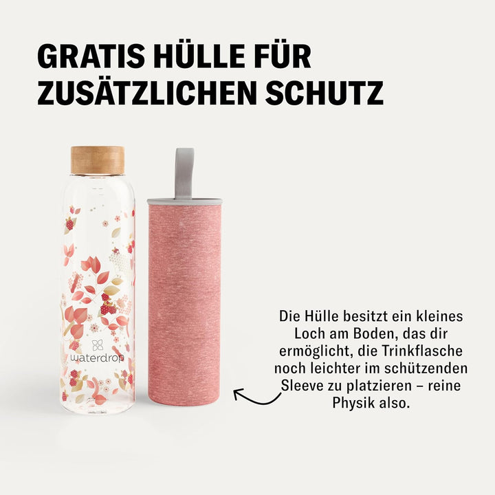 waterdrop® Edition Glass Bottle 600ml Trinkflasche Glas auslaufsicher, Kohlensäure geeignet | BPA fr