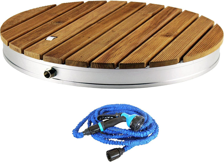 @tec Bodendusche Set aus Gartendusche und Wasserschlauch 15m, Campingdusche aus massivem Teakholz zu