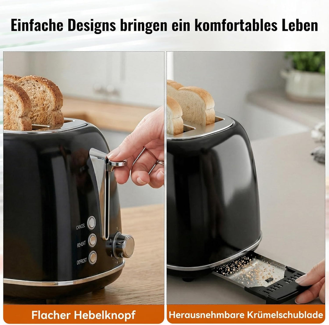 Keenstone Toaster 2 Scheiben, Retro Edelstahl Toaster mit breitem Schlitz, 6 Bräunungsstufen, mit Wa