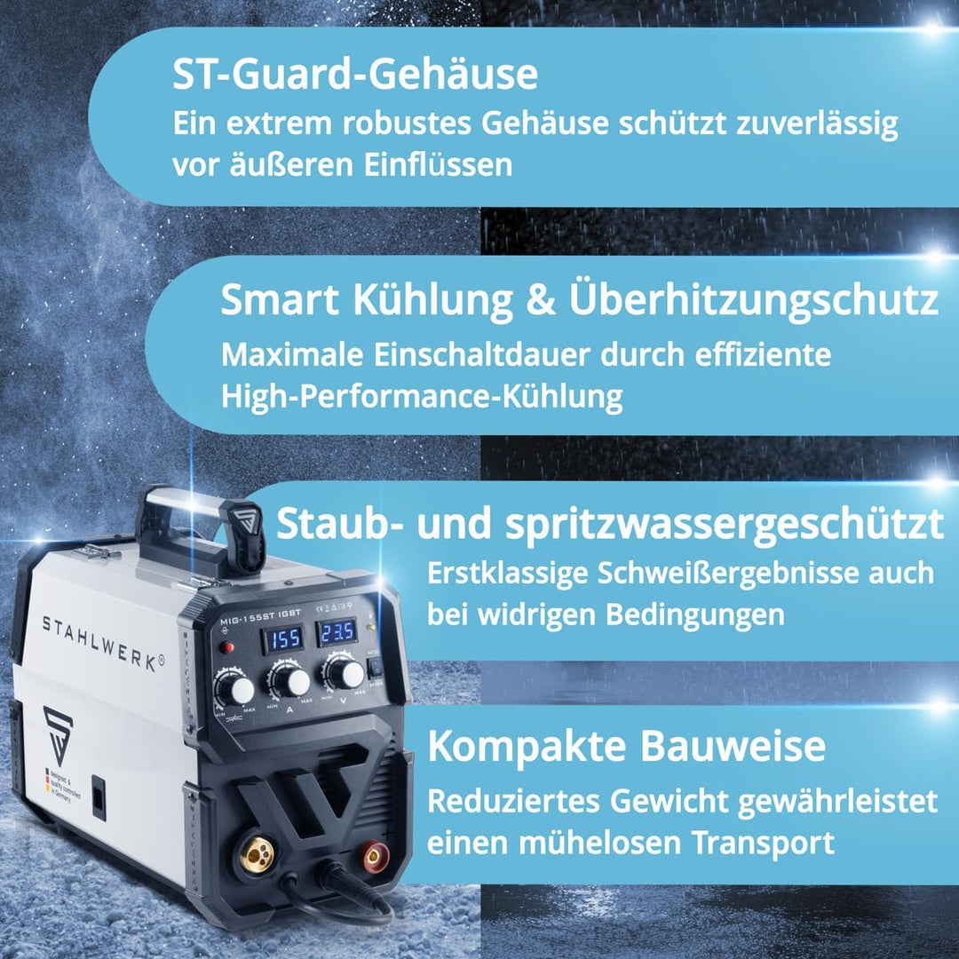 STAHLWERK MIG 155 ST IGBT - MIG MAG Schutzgas Schweissgerät mit 155 Ampere, FLUX Fülldraht geeignet,