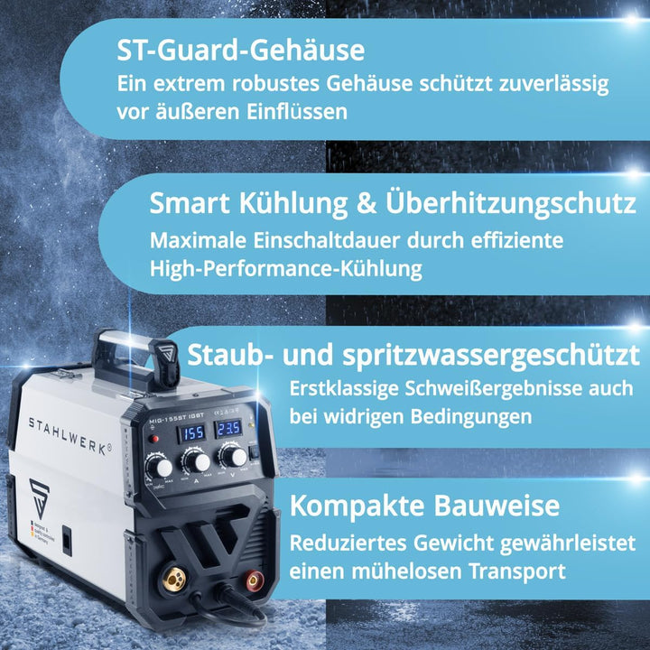 STAHLWERK MIG 155 ST IGBT - MIG MAG Schutzgas Schweissgerät mit 155 Ampere, FLUX Fülldraht geeignet,