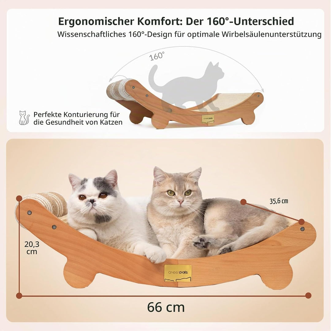 CheerPals Sisal Kratzbrett Katzen mit Sisalkugel - 160° Gebogenes Design, Massives Buchenholz &amp; Natü