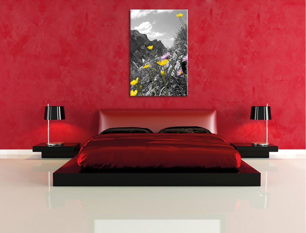 Pixxprint Traumhafte Blumenwiese im Frühling schwarz/weiss, Format: 70x100 auf hochkantiges Leinwand