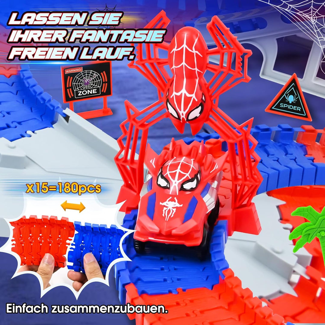 PATEMZON Autorennbahn Spielzeug, Spide Triebwagen, Autobahn Spielzeug mit 2 Autos, 208 PCS Flexibel