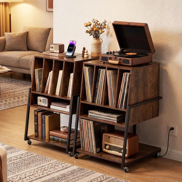 FANTASK Plattenspielerständer mit Ladestation, Vinyl Schallplattentisch mit breiter Tischplatte, 4 T
