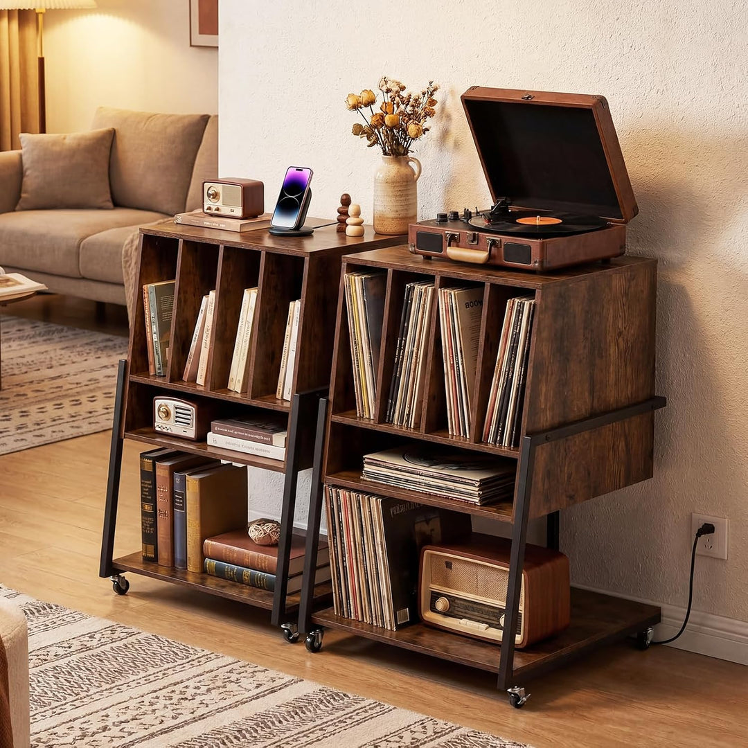COSTWAY Plattenspielerständer, Vinyl Schallplattentisch mit Ladestation, breite Tischplatte, 4 Trenn