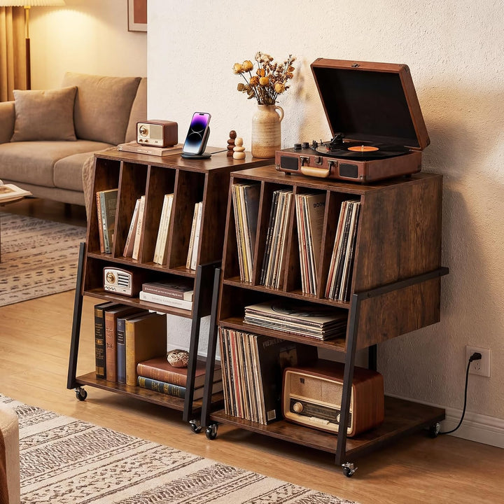 COSTWAY Plattenspielerständer, Vinyl Schallplattentisch mit Ladestation, breite Tischplatte, 4 Trenn