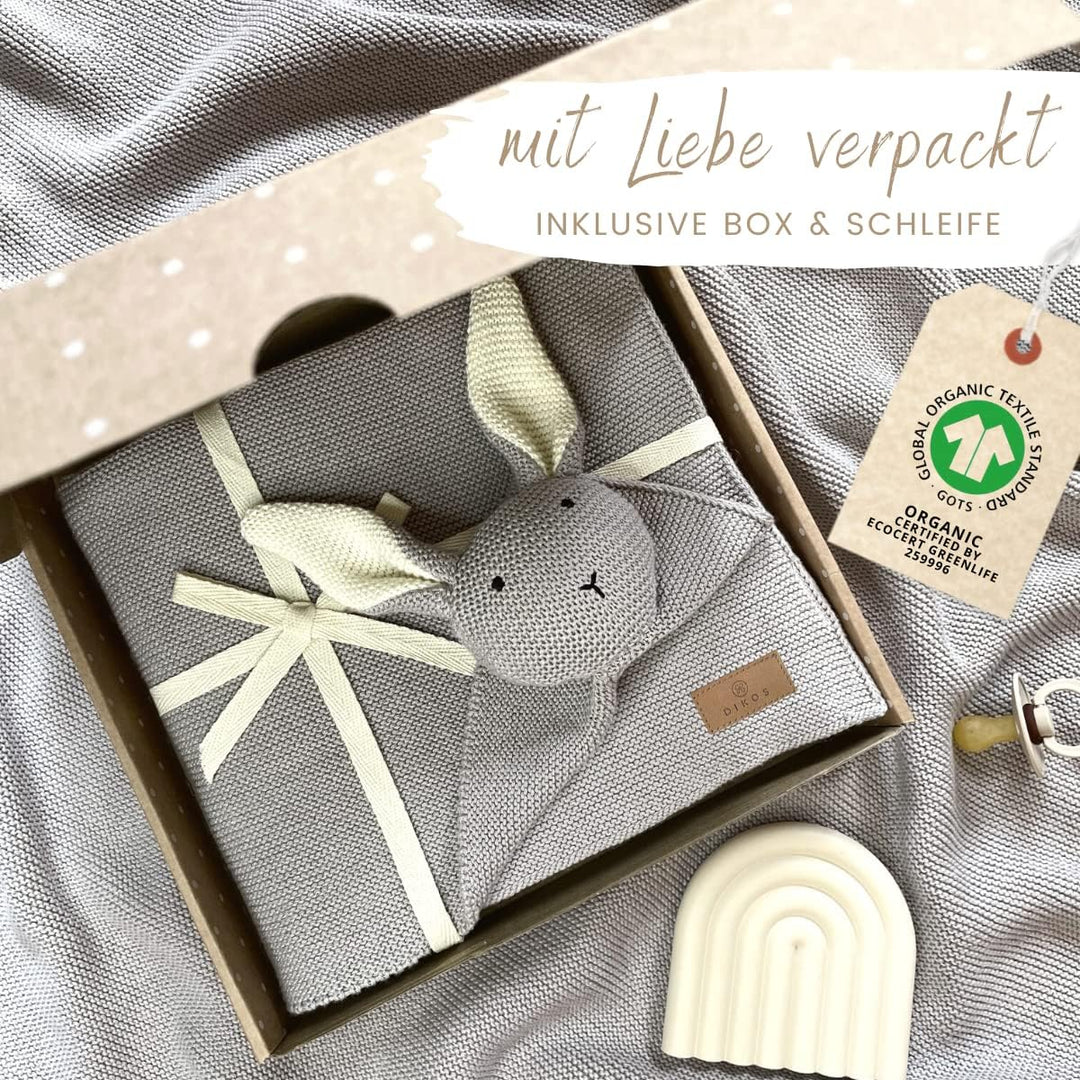 DIKOS® Original Babydecke SCHMUSE-HASE grau | 100% Bio-Baumwolle Neugeborenen Decke | Kuscheldecke S