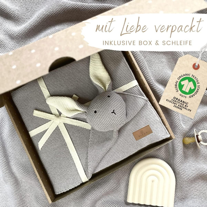 DIKOS® Original Babydecke SCHMUSE-HASE grau | 100% Bio-Baumwolle Neugeborenen Decke | Kuscheldecke S