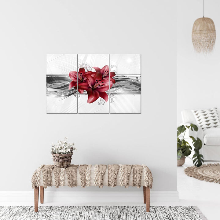 Runa Art Wandbilder Blumen Lilien Bild XXL Wohnzimmer Schlafzimmer Grau Rot Abstrakt 120 x 80 cm 3 T