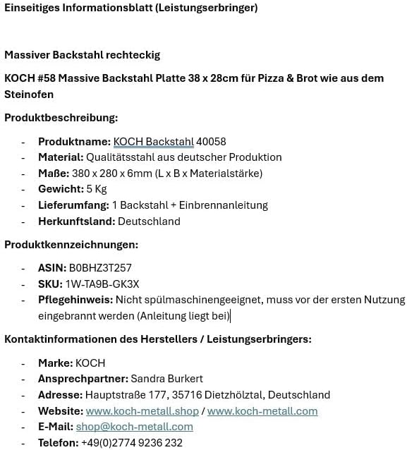 KOCH #58 Backstahl Platte 38 x 28cm für perfekte Pizza & Brot - Massive 6mm Stärke - Gewicht 5 KG -