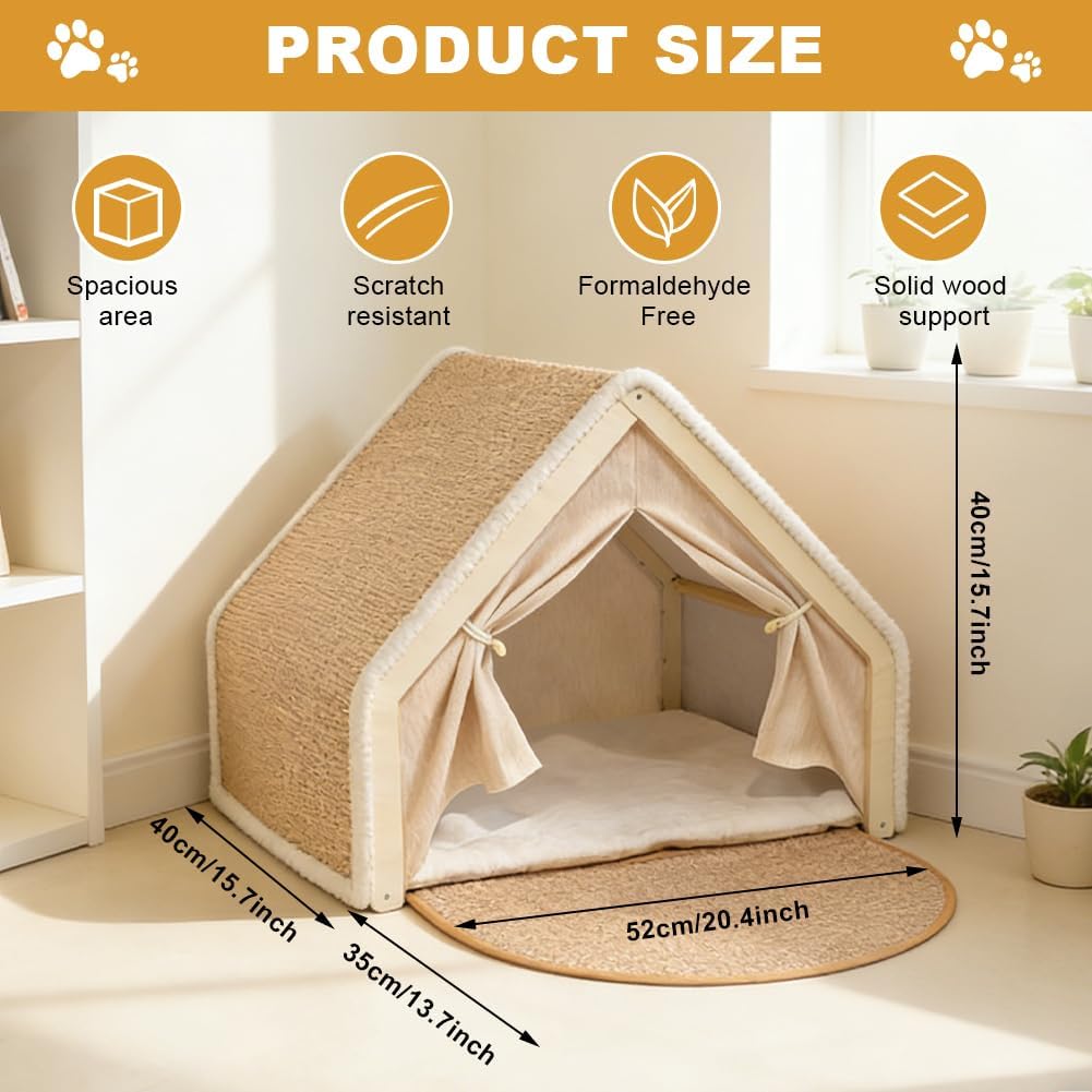 Katzenhaus mit Sisal Kratzbrett, 2-in-1 Holz Katzenzelt, Indoor Katzenhöhle für 2 Katzen, Atmungsakt