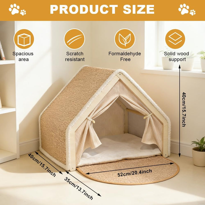 Katzenhaus mit Sisal Kratzbrett, 2-in-1 Holz Katzenzelt, Indoor Katzenhöhle für 2 Katzen, Atmungsakt
