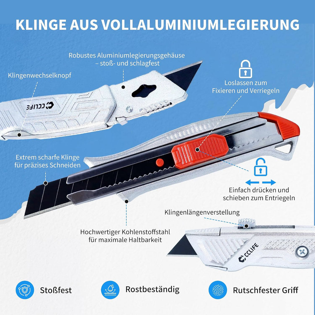 CCLIFE Cuttermesser Massband Set 7-teilig Aluminium Werkzeugset | 3 Aluminium-Cuttermesser Set für H