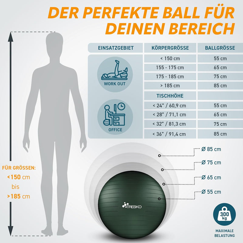 TRESKO® Gymnastikball BPA-Frei inkl. Luftpumpe | Ball für Fitness, Yoga, Gymnastik, Schwangerschaft,