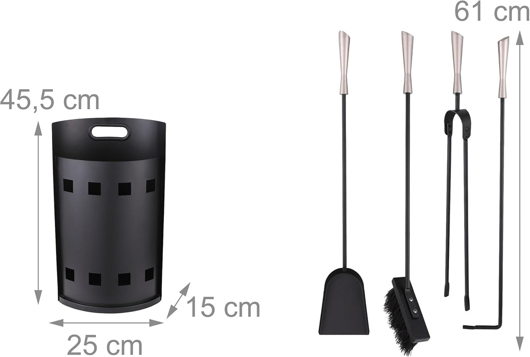 Relaxdays Kaminbesteck, 5-TLG. Set, im Eimer, Schürhaken, Ascheschaufel, Besen, Zange, Kamingarnitur