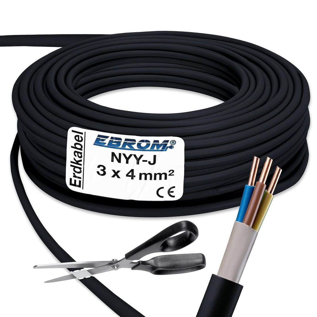 EBROM Erdkabel NYY-J 3x4 mm² Starkstromkabel Erdleitung schwarz - 11 m | 5 m bis 100 m - Elektrokabe