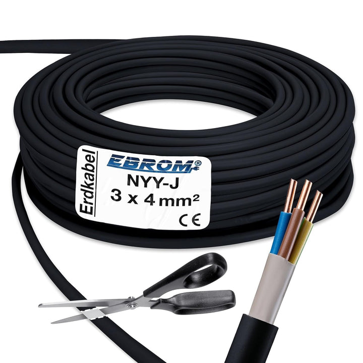 EBROM Erdkabel NYY-J 3x4 mm² Starkstromkabel Erdleitung schwarz - 40 m | 5 m bis 100 m - Elektrokabe