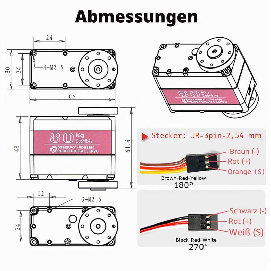 RDS5180 80kg Digitaler Metall-Roboter-Servomotor mit hohem Drehmoment Doppelwellen-Roboter-Servoarm