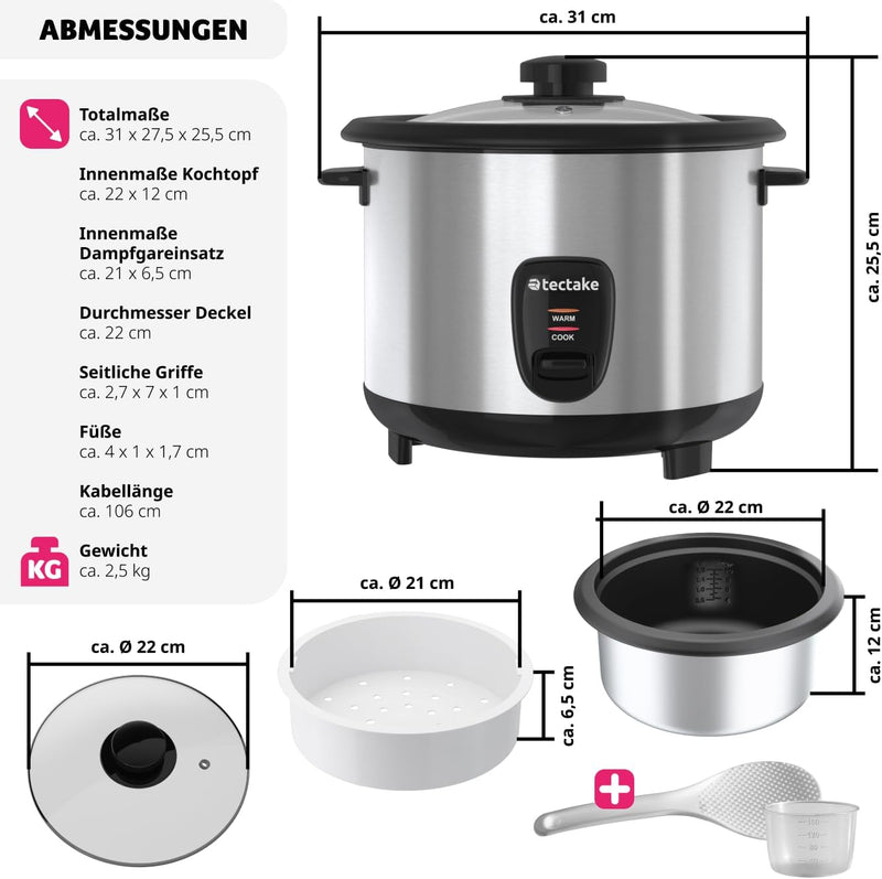 tectake® Reiskocher, Rice Cooker, Steamer Pot, Reis Maker mit Dampfgarer Einsatz, Topf, Kochtopf für