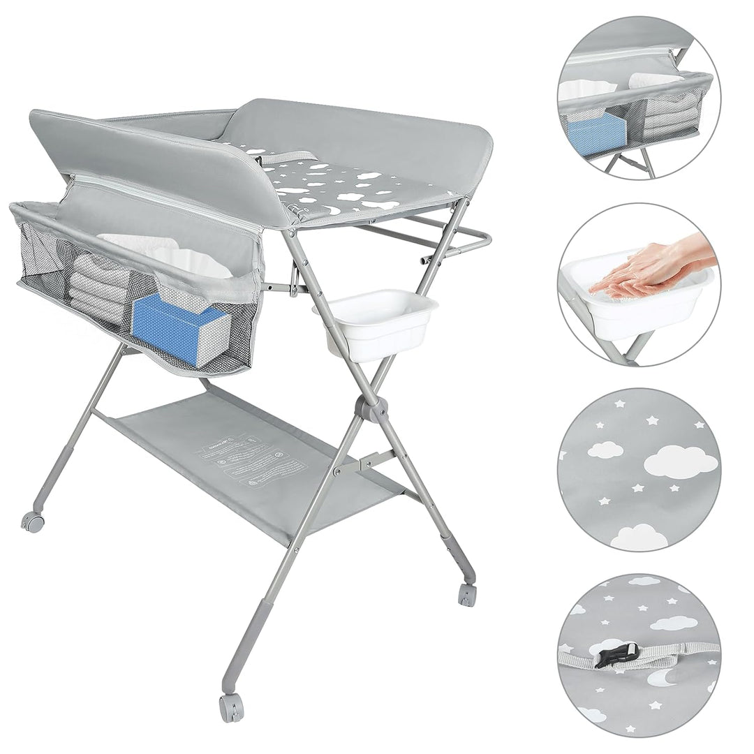 mobiler Wickeltisch mit Wickelaufsatz, Wickelkommode klappbar höhenverstellbar, Wickelkombi mit Sich