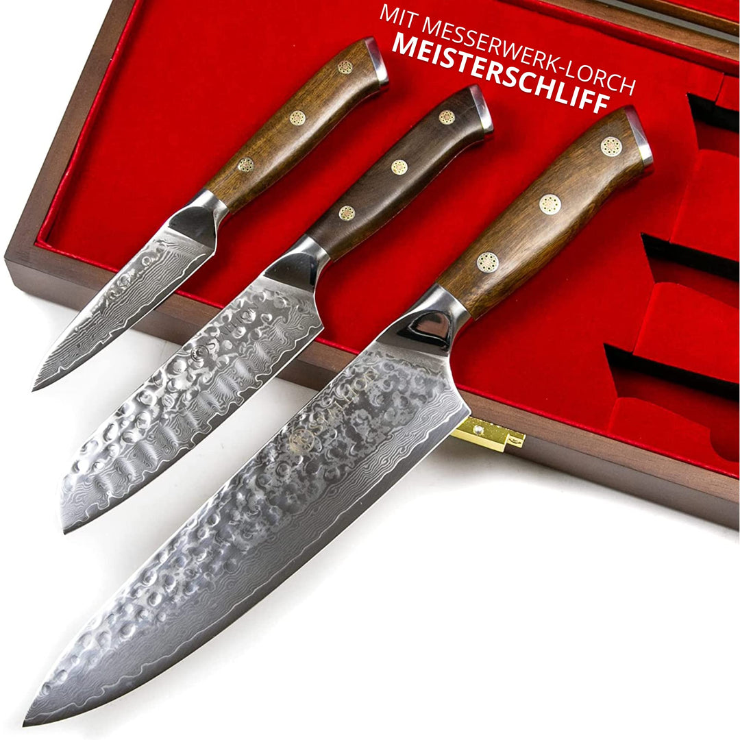 Stallion 3er Messerset Damast mit Edlem Ironwood Griff - Hochwertiges Damastmesser Set aus Kochmesse