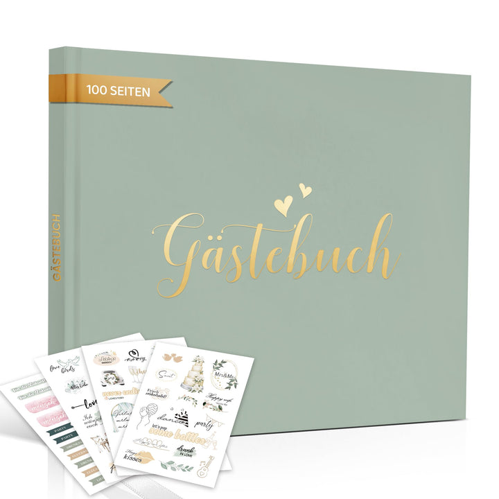 Hyggartn Grünes Hochzeitsgästebuch mit Stickern – Edles Hardcover Gästebuch mit Goldprägung, 100 Sei