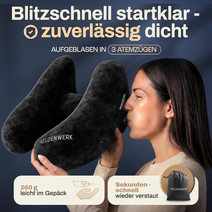 HELDENWERK® Air Nackenkissen Flugzeug Aufblasbar | Reisekissen für 5 Schlafpositionen, schnell aufbl