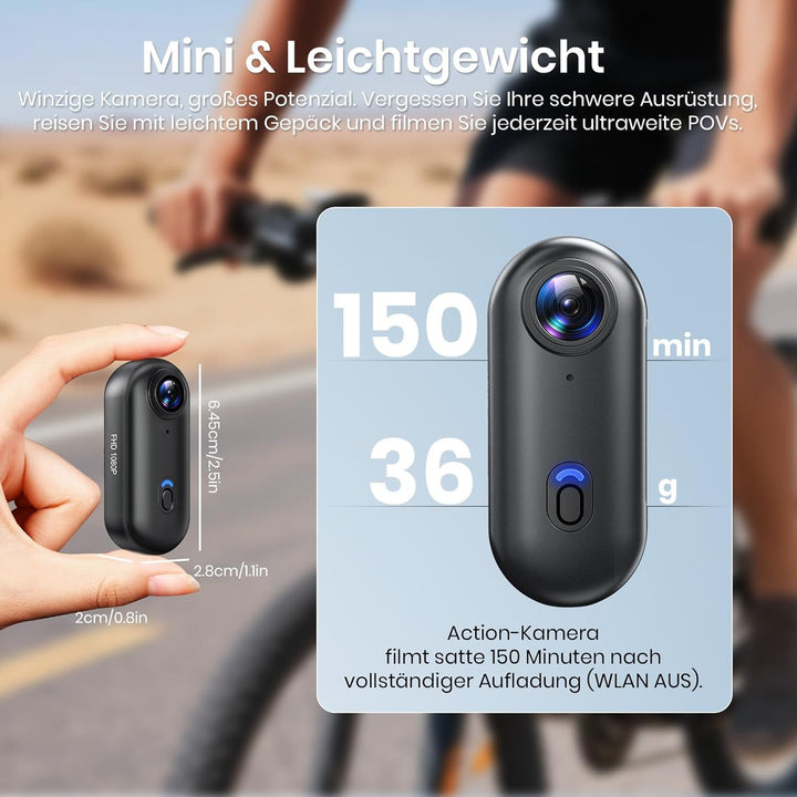 Action Cam, Mini-Actionkamera, Bodycam 120°-Weitwinkel, wasserdicht bis 30 m, freihändige POV, 150 M