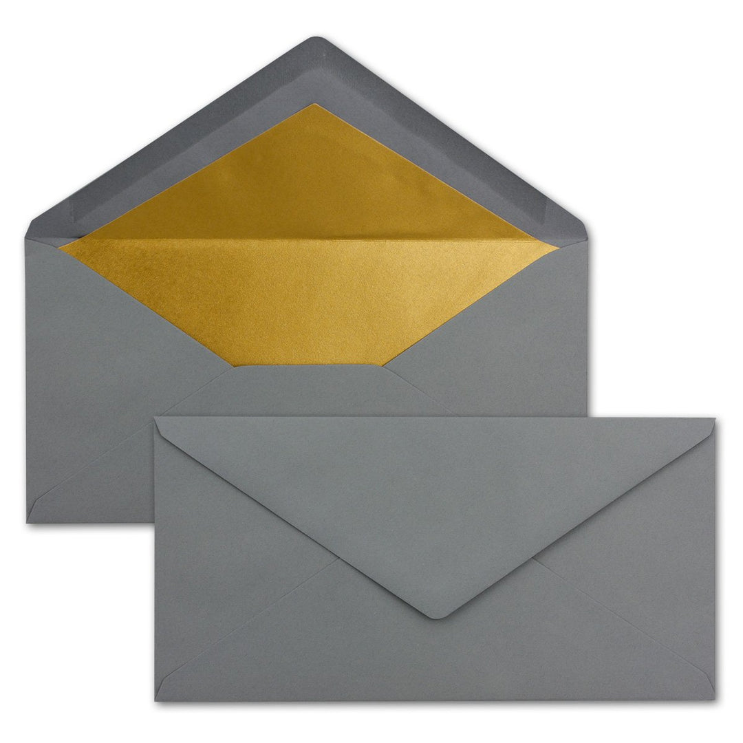 100 Brief-Umschläge DIN Lang - Graphit/Dunkel-Grau mit Gold-Metallic Innen-Futter - 110 x 220 mm - N