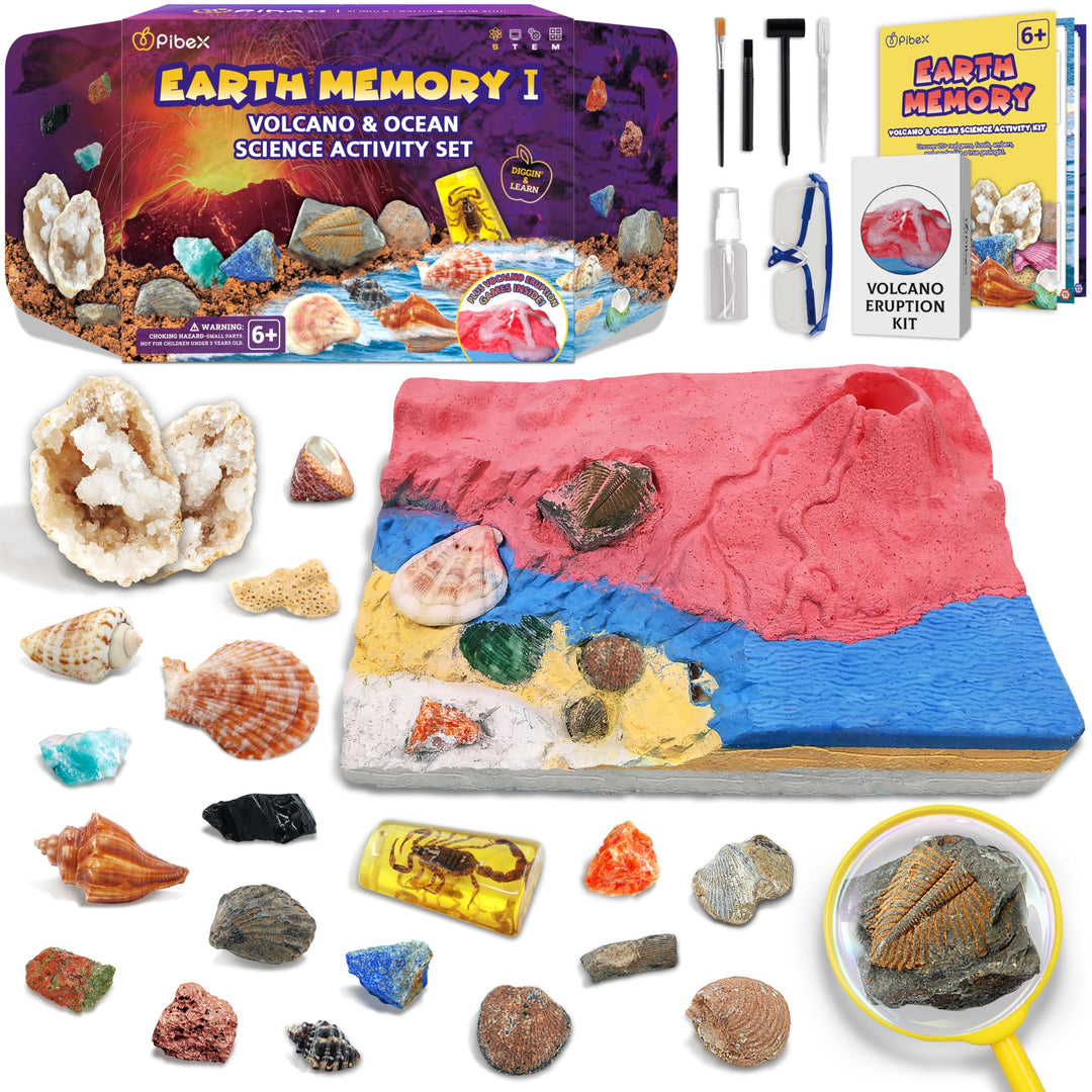 Fossilien &amp; Edelsteine Ausgrabungsset mit Vulkanexperiment, 20+ echte Funde (Geode, Muscheln, Meeres