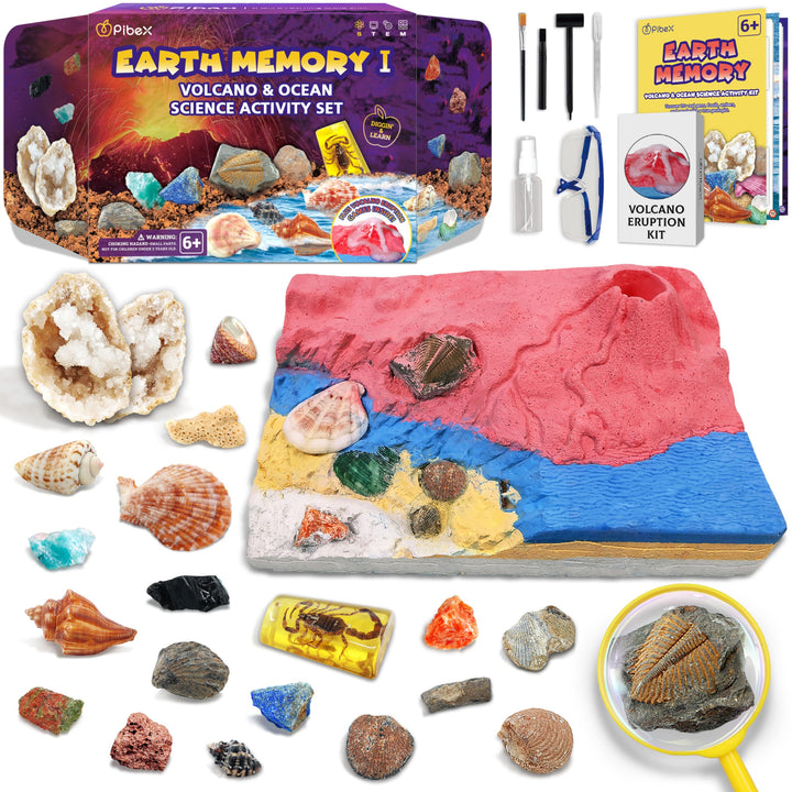 Fossilien &amp; Edelsteine Ausgrabungsset mit Vulkanexperiment, 20+ echte Funde (Geode, Muscheln, Meeres