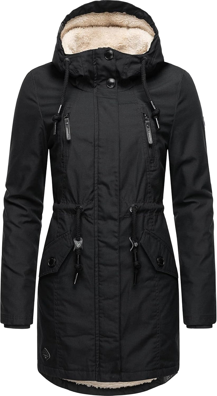 Ragwear Damen Mantel lange warme Winterjacke mit Teddyfell-Kapuze Elsie Intl XS-6XL M Black22, M Bla