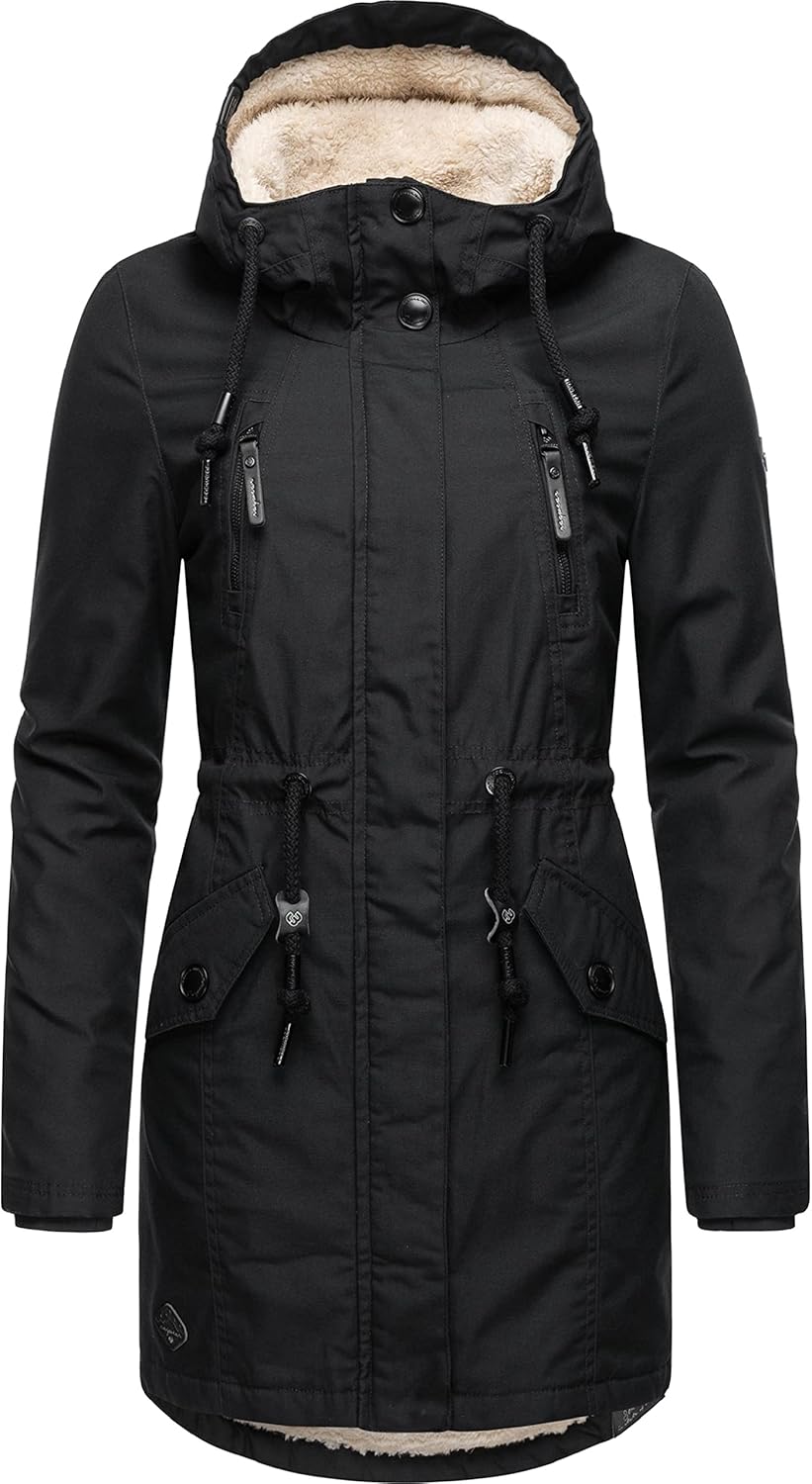 Ragwear Warmer Damen Winterparka lang mit Teddyfell-Kapuze Elsie XS-5XL XS Black22, XS Black22