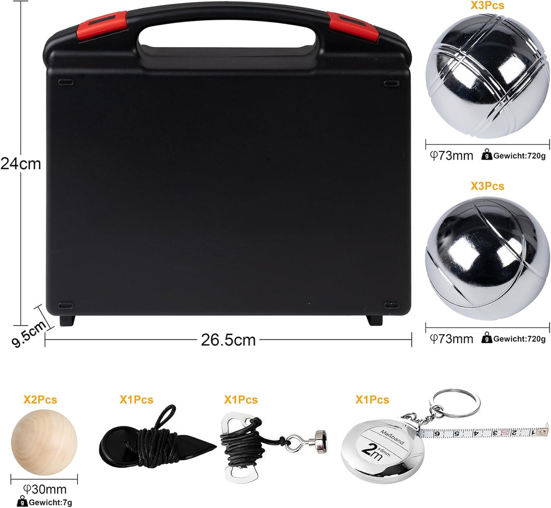 Boule Set 6/8 Metallkugeln mit Hartschalenkoffer–Petanque & Boccia Spiel mit Zielkugel, Abstandsmess
