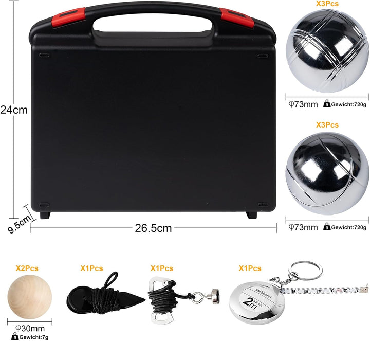 Boule Set 6/8 Metallkugeln mit Hartschalenkoffer–Petanque & Boccia Spiel mit Zielkugel, Abstandsmess
