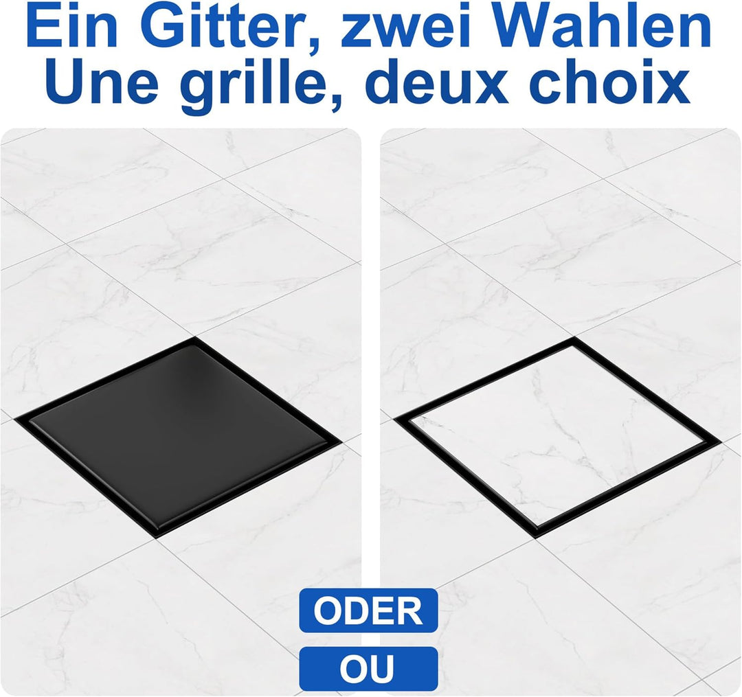 Kasloglow Duschablauf Schwarz Quadratisch 15x15 cm, Edelstahl Bodenablauf, Befliesbar, Siphon mit Ha