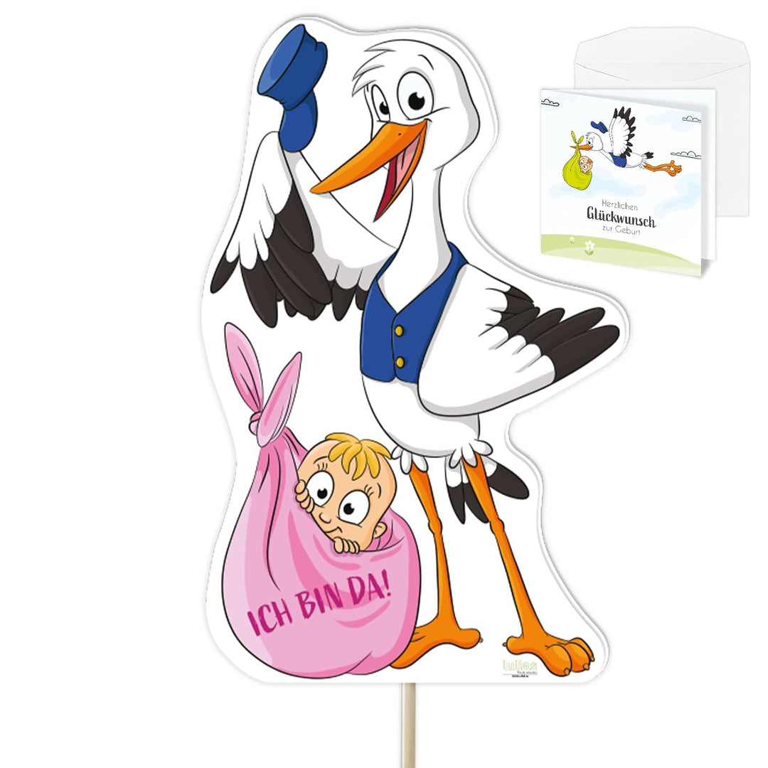 XL Storch zur Geburt Willkommen Baby I rosa Geschenk Mädchen I SET: Geburtsstorch + Stab aus Holz +