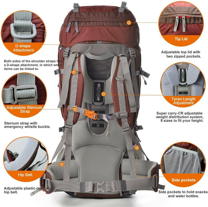 MOUNTAINTOP Trekkingrucksack 80L Wanderrucksack Herren Damen Reiserucksack Grosser Rucksack mit Rege