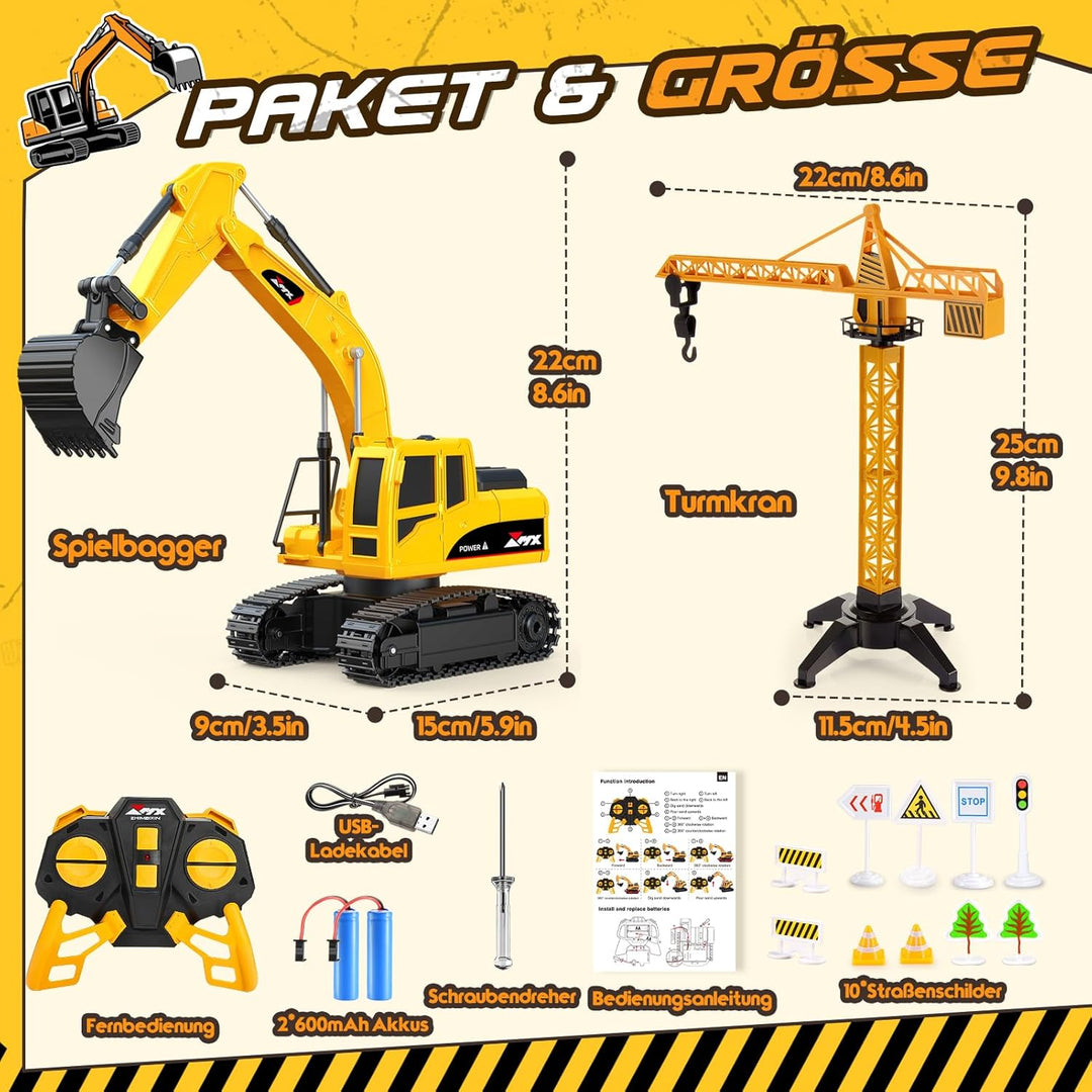 HappyGoLucky Ferngesteuertes Auto Bagger mit Verkehrsspielzeug Zubehör, 2.4Ghz RC Bagger Spielzeug a