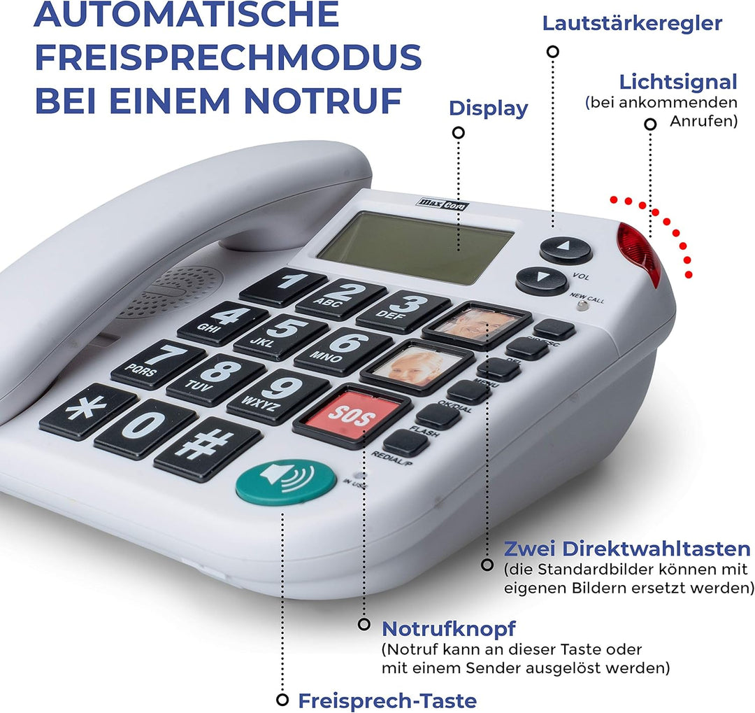 Maxcom KXTSOS: Seniorentelefon, schnurgebundenes Festnetztelefon mit 2 Armband- und 2 Umhängesender,