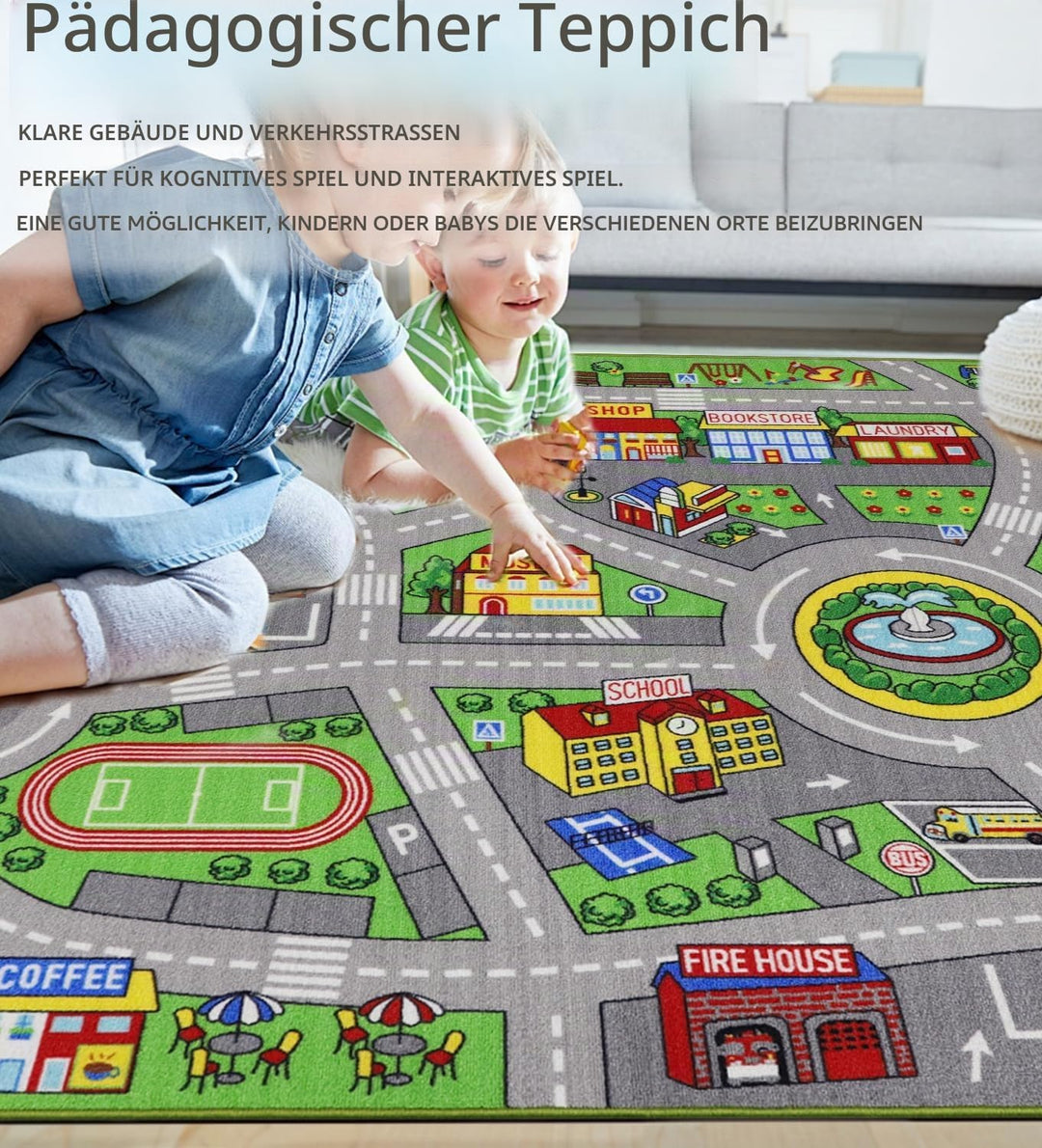 Capslpad Autoteppich Kinder 150x200cm rutschfest Kinderteppich Stadtplan Interaktiver Spielteppich W